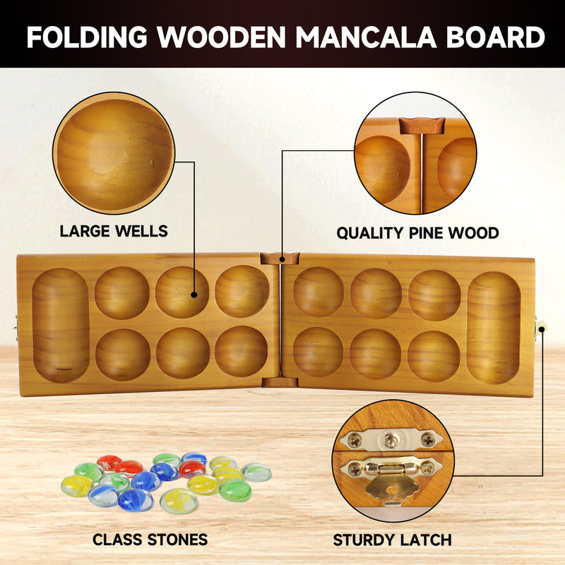 Folding Mancala Pine Wood Board Game Family Travel Set with Multi-Color Glass Stones - Oak/Mahogany