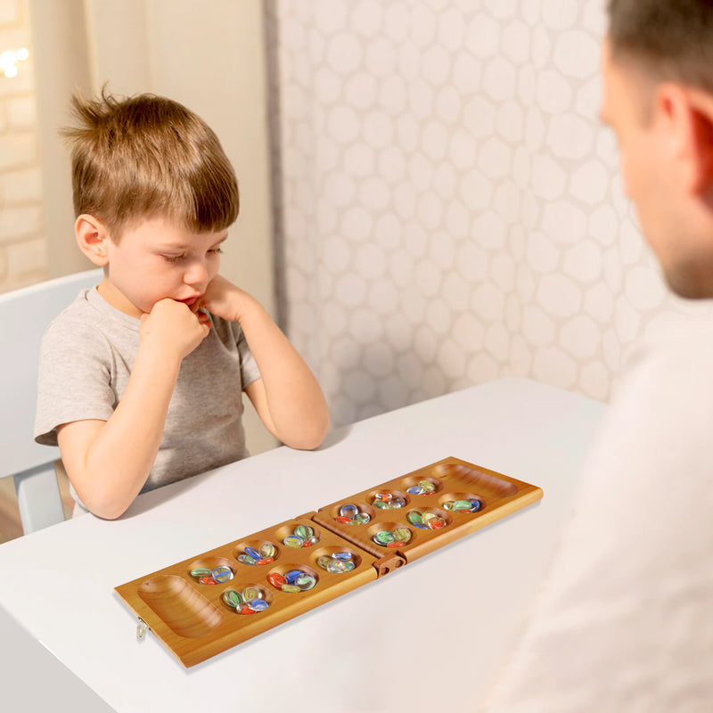 Folding Mancala Wooden Board Game, Travel Board Game Set - Oak/Mahogany