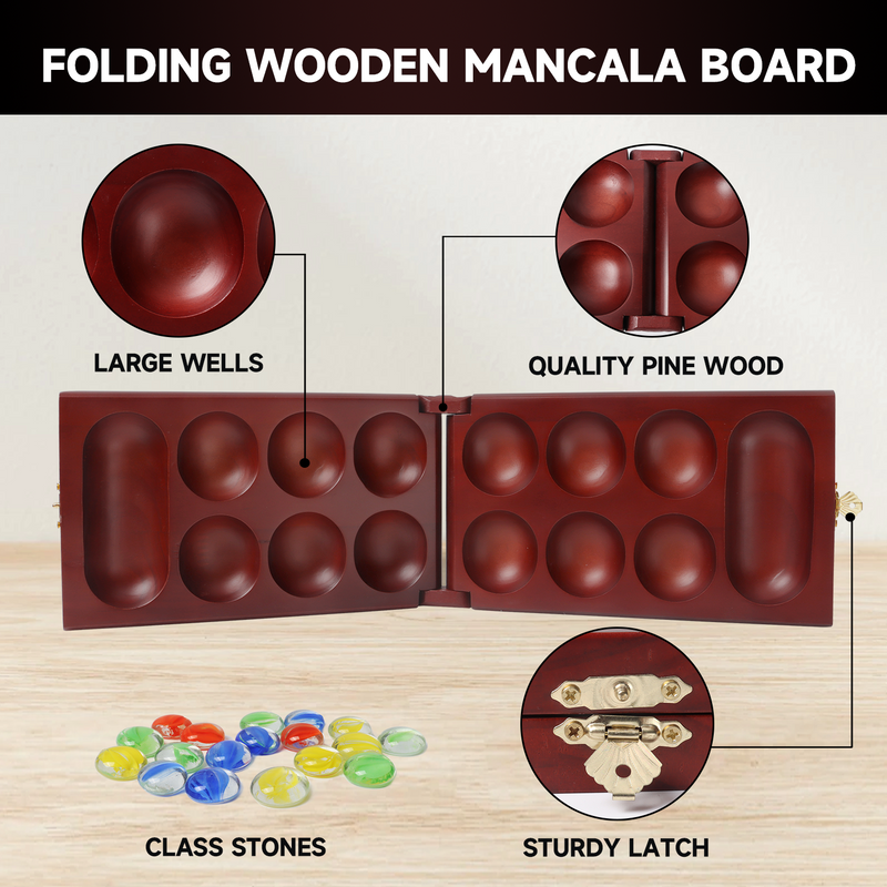 Multi-Color Glass Stones Mancala Pine Wood Board Game Family Travel Set for Family Party,kid and Adults - Oak/Mahogany