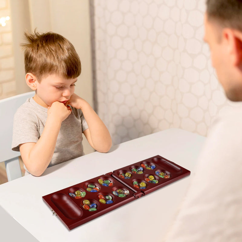 Folding Mancala Wooden Board Game, Travel Board Game Set - Oak/Mahogany