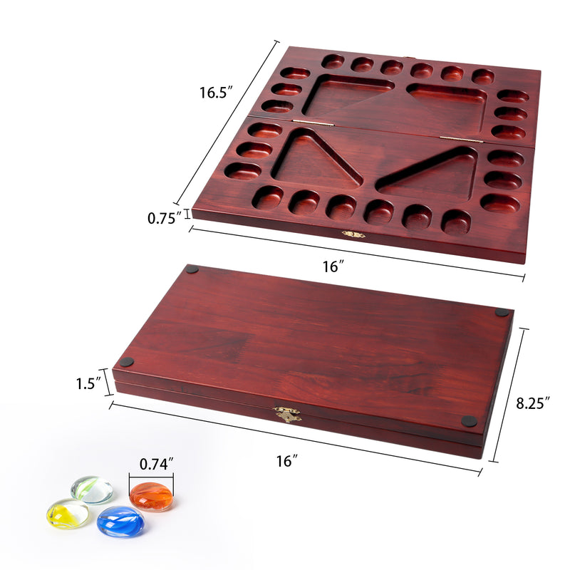 Folding 4-Player Mancala Board Game Family Travel Set with Multi-Color Glass Stones - Mahogany/Oak
