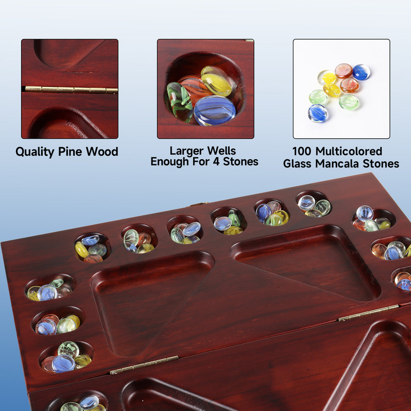 4-Player Mancala Board Game Folding Family Travel Set - Mahogany/Oak