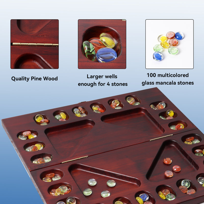 Folding 4-Player Mancala Board Game Family Travel Set with Multi-Color Glass Stones - Mahogany/Oak
