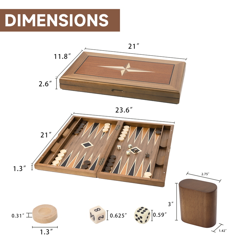 11"/17"/21" Premium Wooden Inlay Backgammon Board Game Set Classic Travel Table Board Game - Star Style