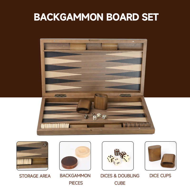 11"/17"/21" Premium Wooden Inlay Backgammon Board Game Set Classical Travel Table Board Game for kids and Adults - Double Stripe