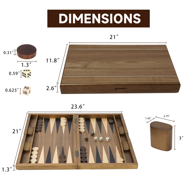11"/17"/21" Premium Wooden Inlay Backgammon Board Game Set Classical Travel Table Board Game for kids and Adults - Double Stripe