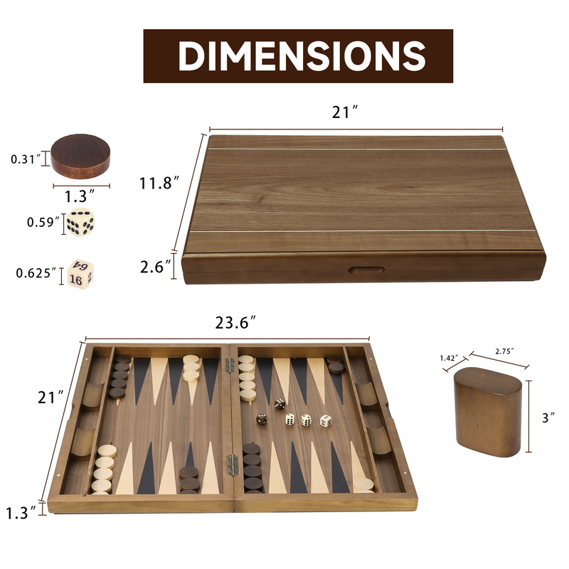 11"/17"/21" Premium Wooden Inlay Backgammon Board Game Set Classic Travel Table Board Game - Double Stripe