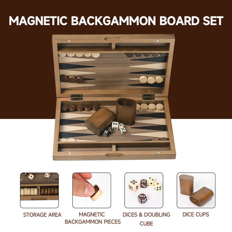 11" Double Stripe Style Magnetic Wooden Inlay Backgammon Board Game Set