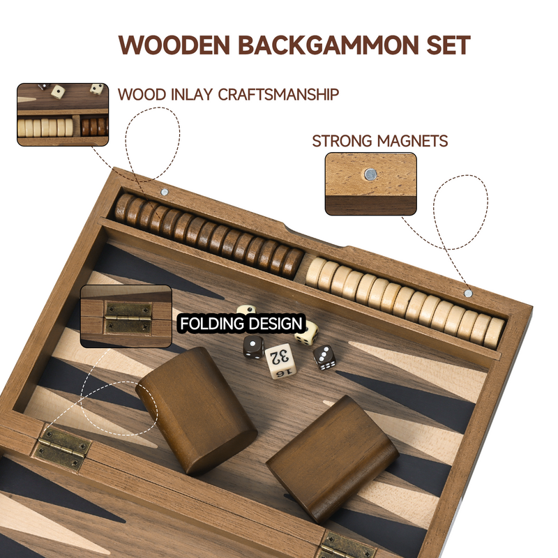 11"/17"/21" Premium Wooden Inlay Backgammon Board Game Set Classical Travel Table Board Game for kids and Adults - Double Stripe