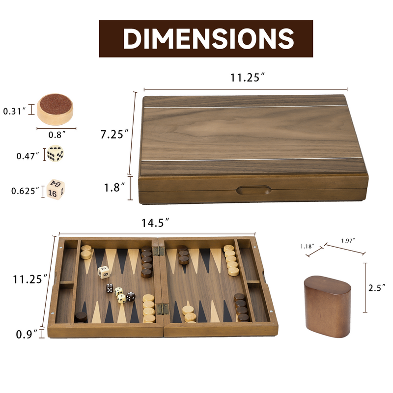 11"/17"/21" Premium Wooden Inlay Backgammon Board Game Set Classic Travel Table Board Game - Double Stripe