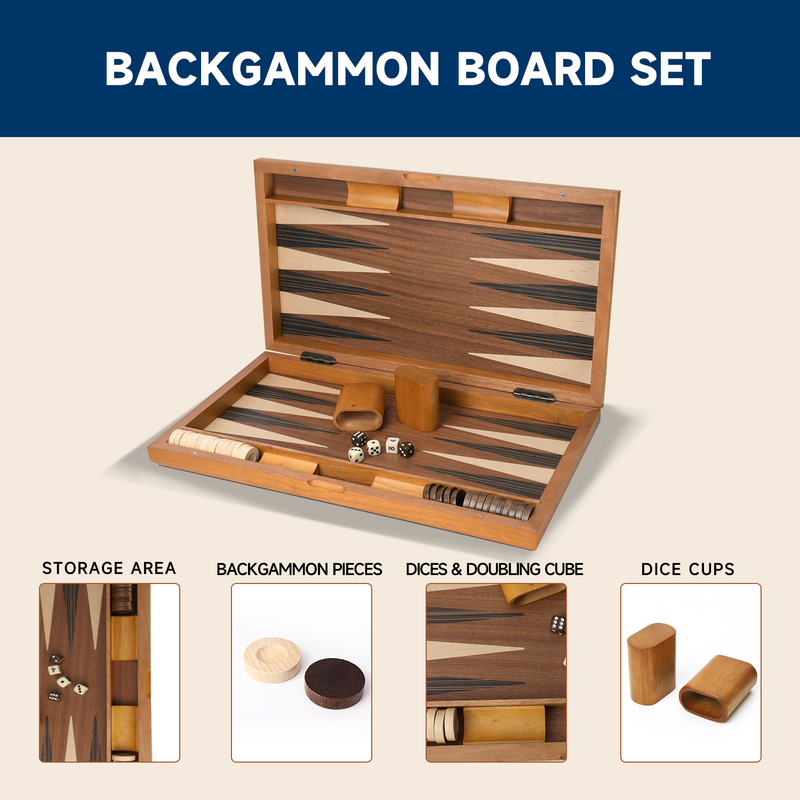 15"/17"/19" Premium Wooden Inlay Backgammon Board Game Set Classic Travel Table Board Game - Focus