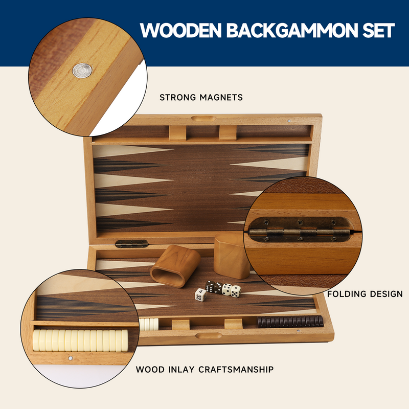 17" Focus Style Wooden Folding Inlay Backgammon Board Game Set