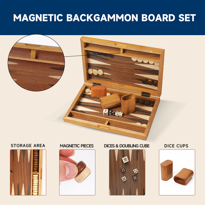 11" Focus Style Magnetic Wooden Inlay Backgammon Board Game Set
