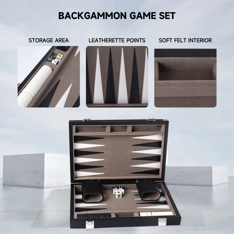 Black&Grey Leather Backgammon Board Game Set -  S/M/L
