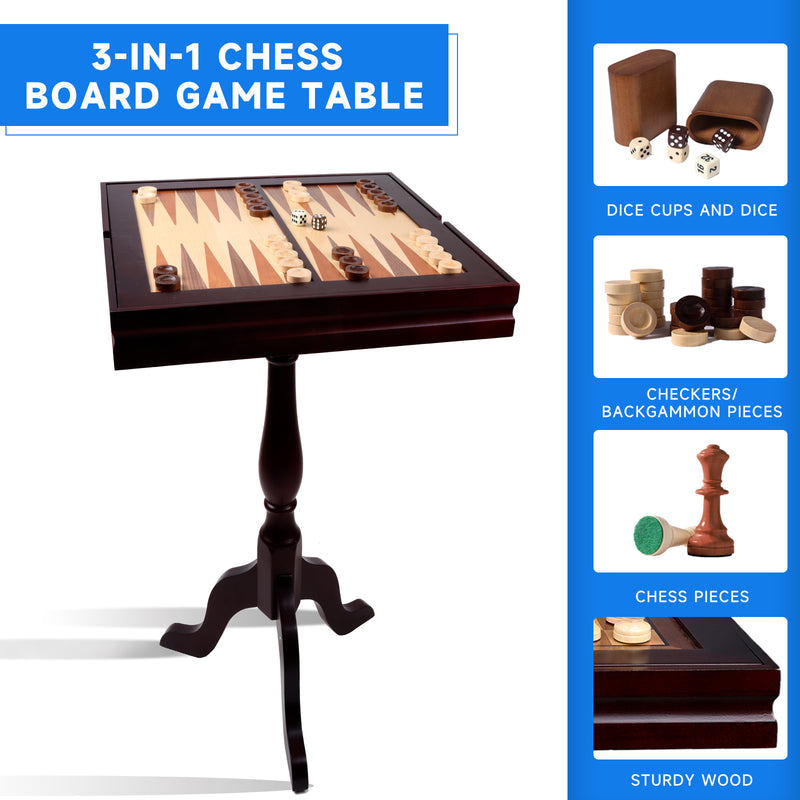 3-in-1 Wooden Chess Checkers Backgammon Table, Tabletop Combo Game Set