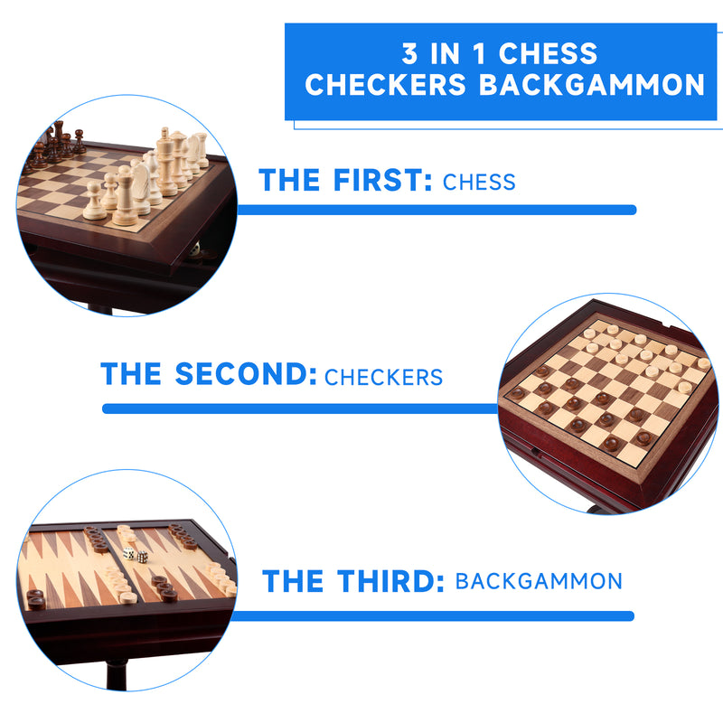 3-in-1 Wooden Chess Checkers Backgammon Table, Tabletop Combo Game Set