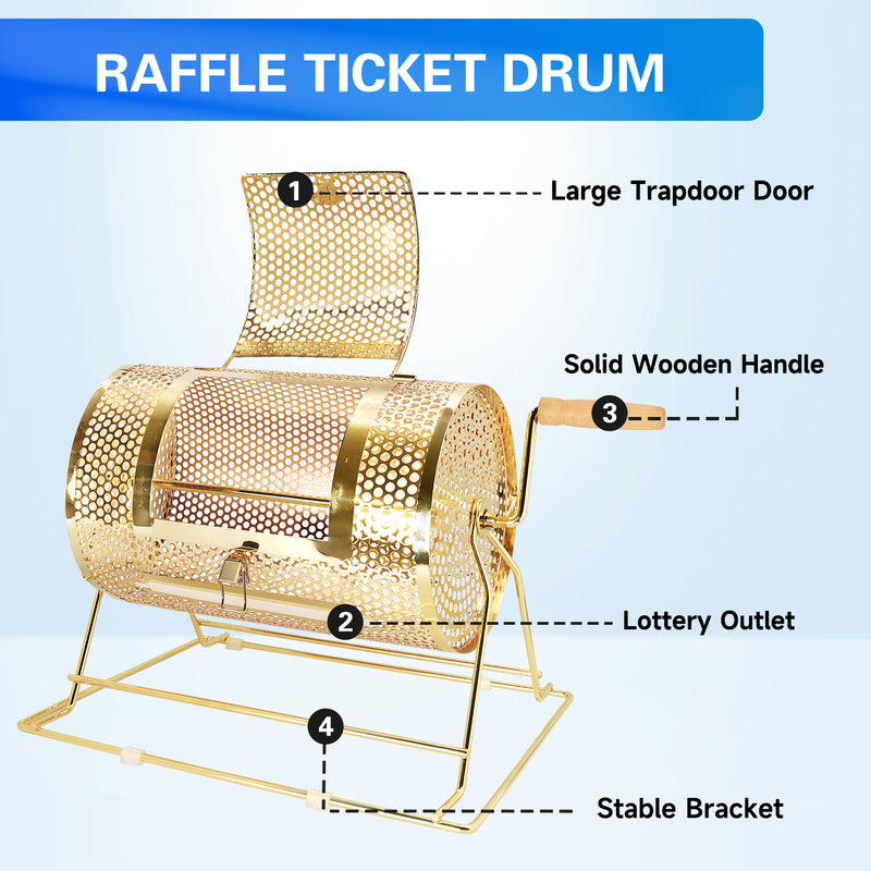 Gold Brass Lottery Spinning Drawing Raffle Ticket Drum Lottery Rolling Box Bingo Game Drum with Wooden Turning Handle（holds 2,500~15000 Tickets）