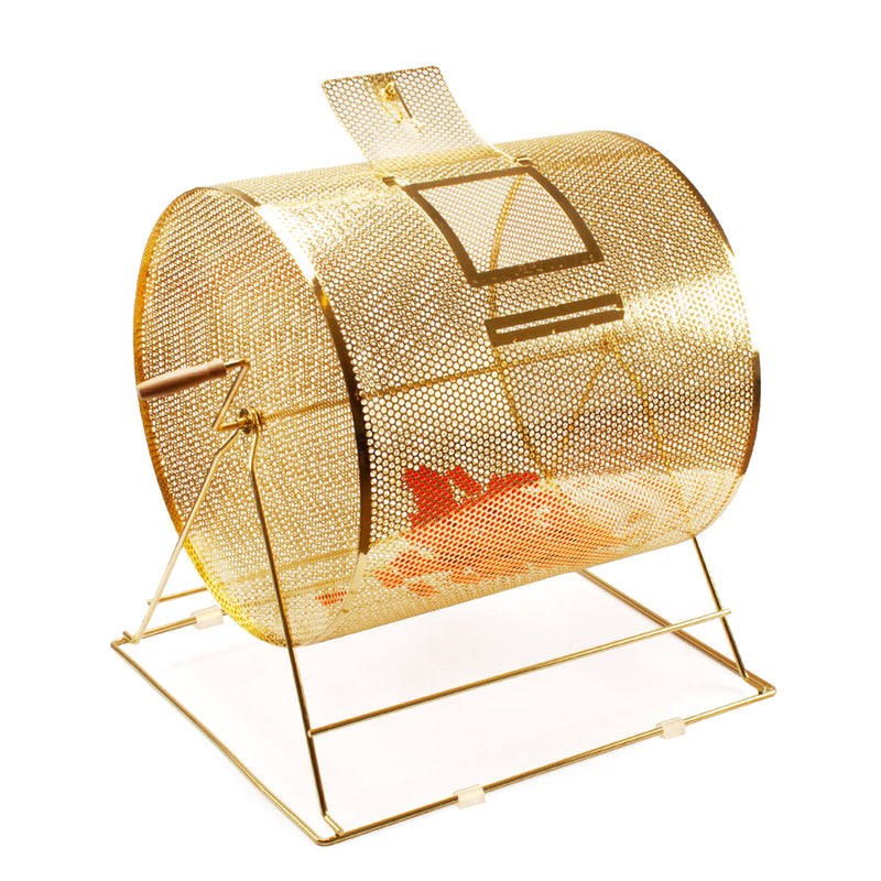 Gold Brass Lottery Spinning Drawing Raffle Ticket Drum Lottery Rolling Box Bingo Game Drum with Wooden Turning Handle（holds 2,500~15000 Tickets）