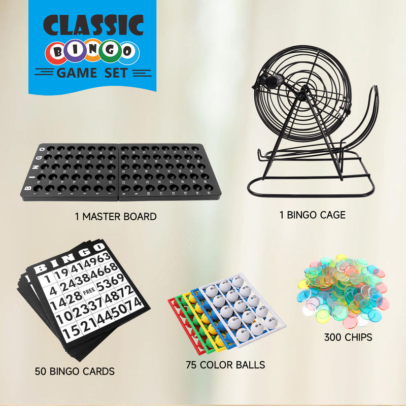 GSE Deluxe Bingo Game Set with Metal Cage, Masterboard & Balls, 50 Bingo Game Cards & 300 Chips for Game Night