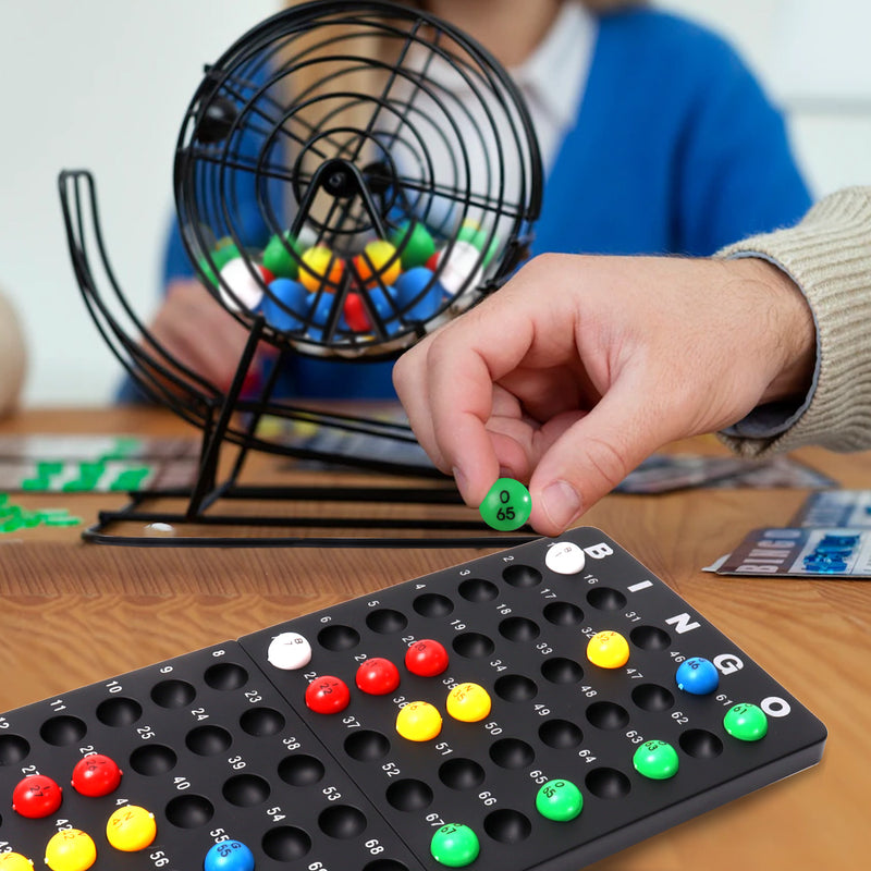 Deluxe Bingo Game Set with Steel Cage, Master Board, 75 Balls, 300 Chips, 50 Bingo Cards for Friend Parties, Game Night