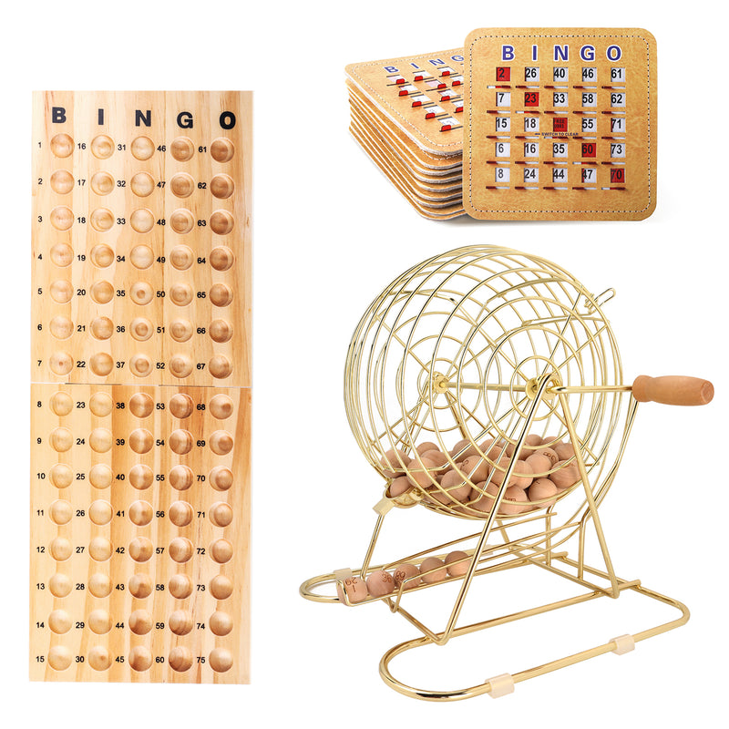 Deluxe Bingo Cage Game Set with Large Gold Bingo Cage, Masterboard, Wood Bingo Balls, Bingo Cards for Family Party, Game Club