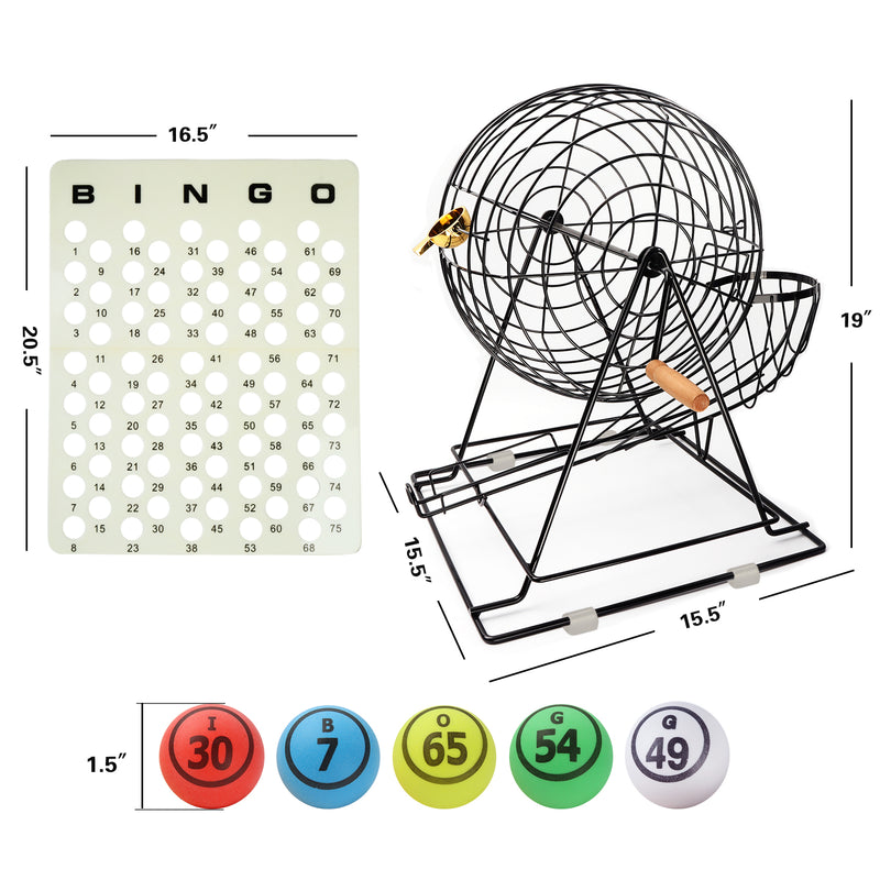 Bingo Game Set with Jumbo Bingo Cage and 1.5" Ping Pong Size Bingo Balls, Plastic Master Board- Black/Red
