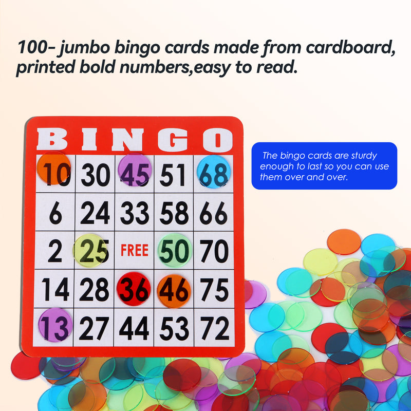 Bingo Game Set with 50/100 Bingo Cards, 500/1000 Bingo Chips & Deck Bingo Calling Cards for Family Play