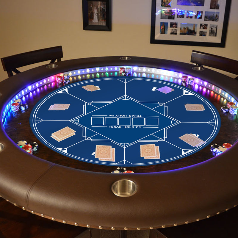 47" x 47" Blue Round Texas Hold'em Rubber Mat with Non-Slip Rubber Backing for Parties, Casino Game