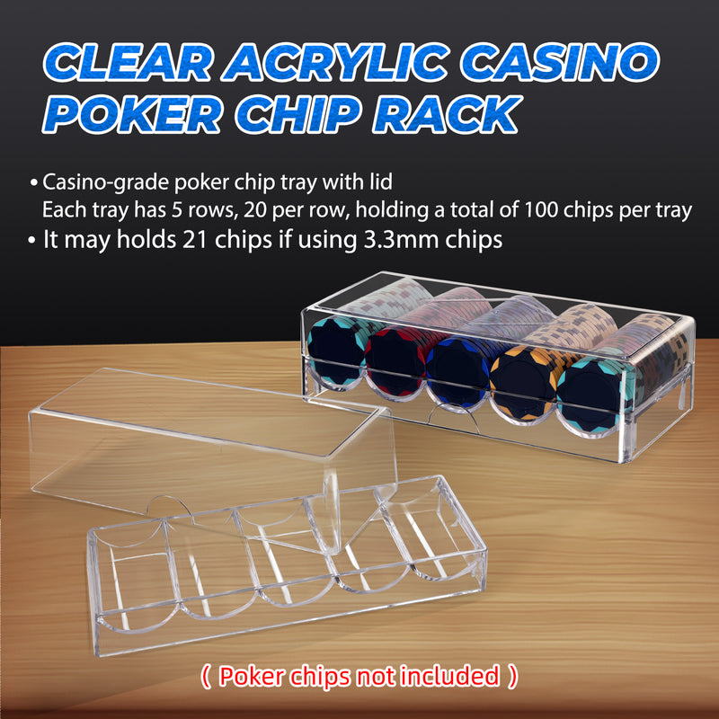 Durable Clear Acrylic Casino Chip Tray Poker Chip Rack with Lid, One Tray Holds 100 Pieces Chips - 1 Pack/5 Pack