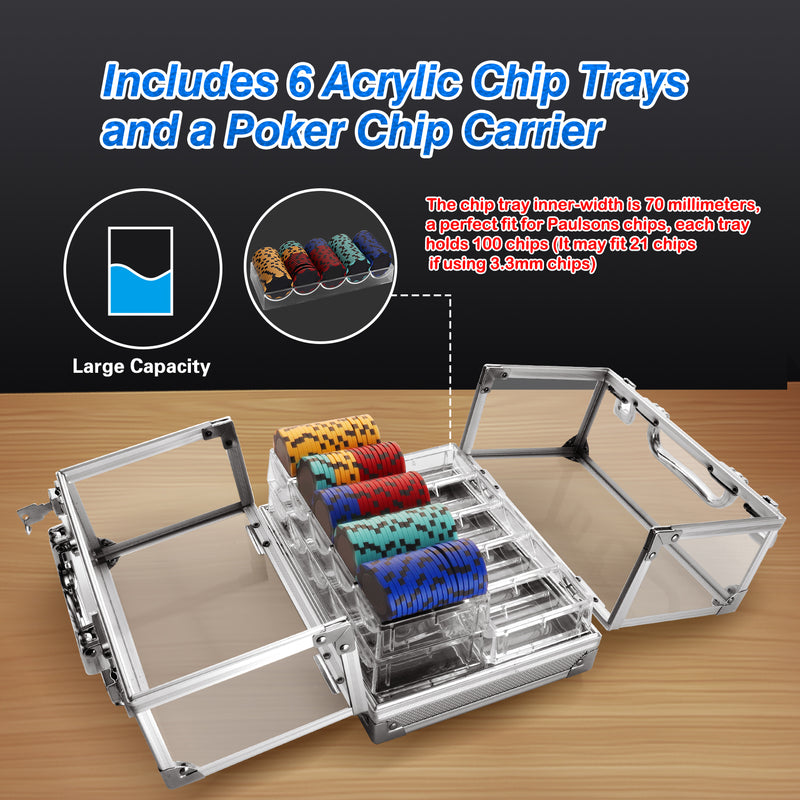 600pcs Acrylic Casino Poker Chip Case with 6 Trays