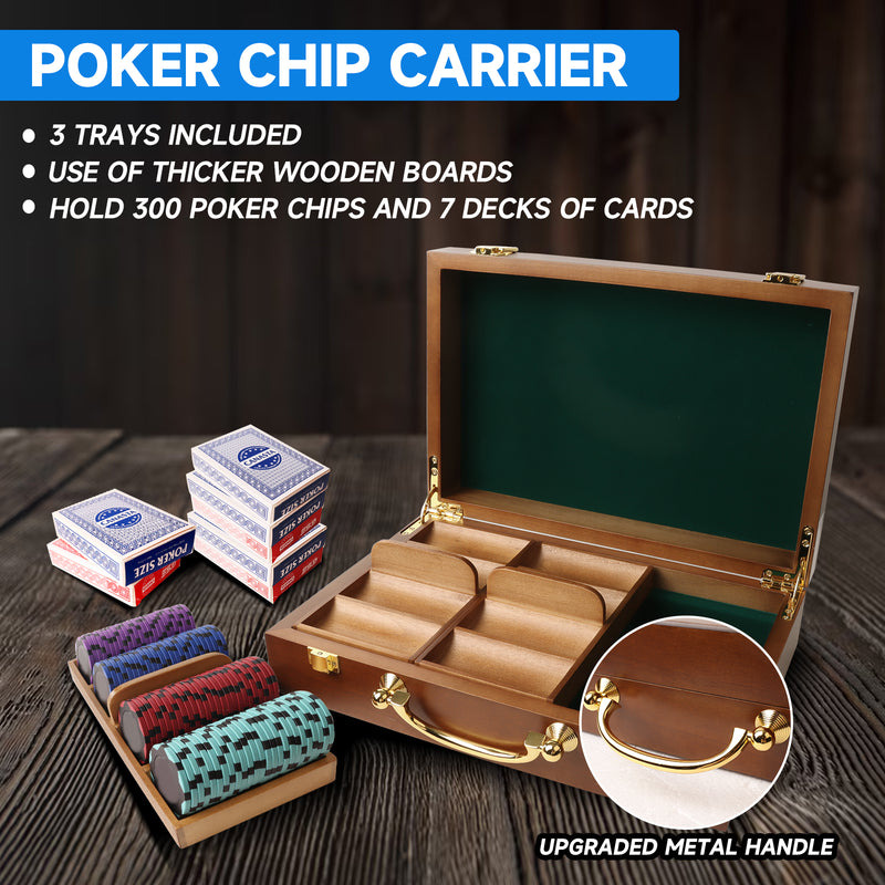 300 Count Poker Chips Capacity Casino Round Solid Wood Poker Chip Case with Wooden Chip Trays - Walnut