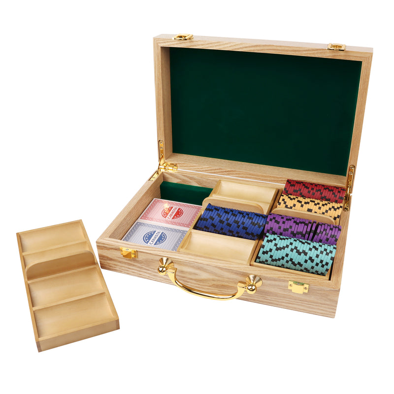 Poker Chips Carrier with Wooden Poker Chip Trays for Any Thickness chips, Holds 300/500 Chips (Oak)