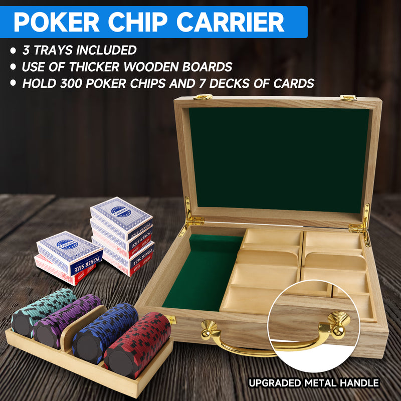 Poker Chips Carrier with Wooden Poker Chip Trays for Any Thickness chips, Holds 300/500 Chips (Oak)