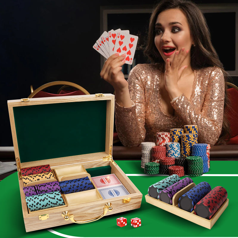 300/500 Counts Oak Casino Poker Chips Carrier, Soild Wood Poker Chip Case