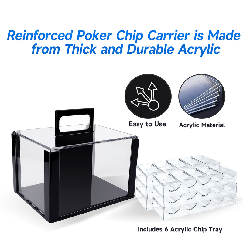 Poker Chip Cases, Casino Grade Acrylic Poker Chips Carrier with Poker Chip Trays - Holds 600/1000 Chips