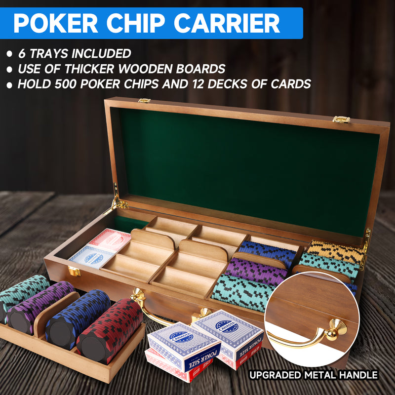 300/500 Counts Walnut Casino Poker Chips Carrier, Solid Wood Poker Chip Case