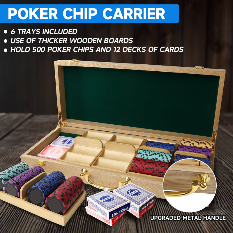 300/500 Counts Oak Casino Poker Chips Carrier, Soild Wood Poker Chip Case