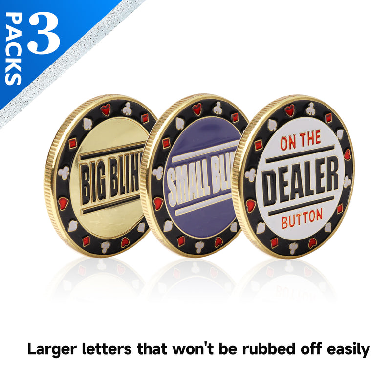 Metal Small Blind, Big Blind, Dealer Puck Buttons - Set of 3 Texas Hold'em Poker Dealer Button Set