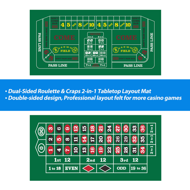 2-Sided 36" x 72" Casino Craps & Roulette Tabletop Felt Layout Mat