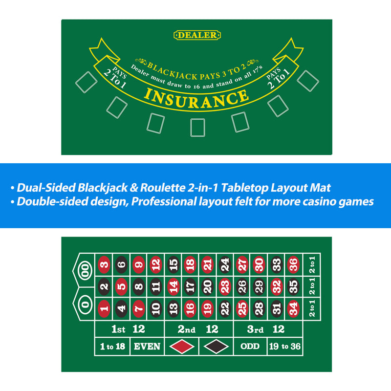 2-Sided 36" x 72" Casino Roulette & Blackjack Tabletop Felt Layout Mat