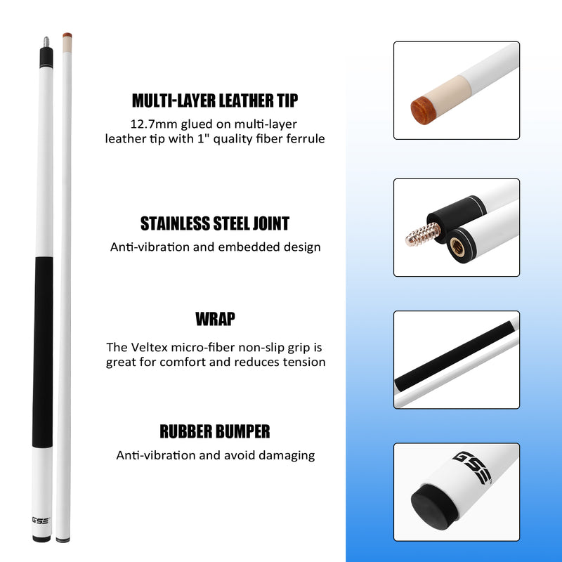 58" 2-Piece Fiberglass Graphite Composite Detachable Portable Billiard Pool Cue Stick for Commercial,Bar and House - White (18oz-21oz Available)