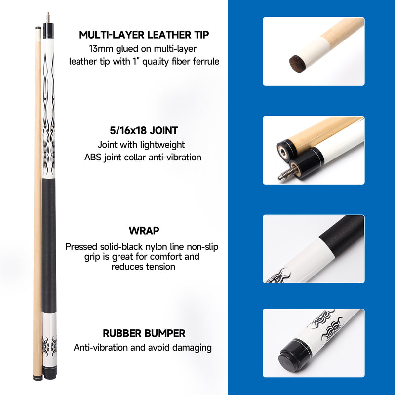 Set of 4 58" 18/19/20/21oz Hardwood Maple Detachable Billiard Pool Sticks Set for Commercial,Bar and House - White
