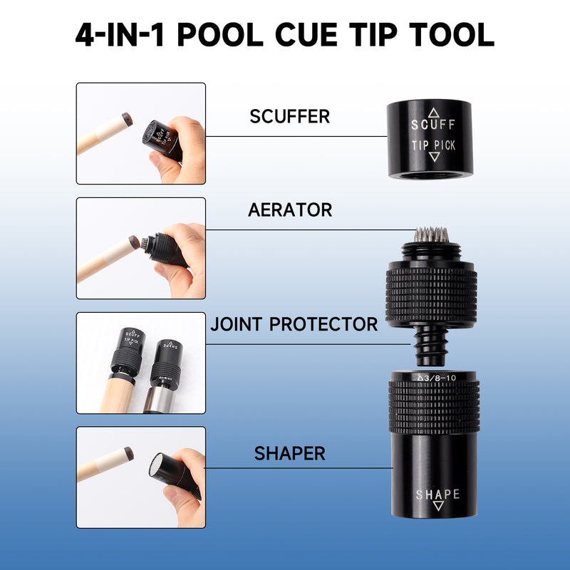 4-in-1 Pool Cue Tip Tool Billiard Accessory with 3/8-10 or 5/16-18 Joint Protectors - Black