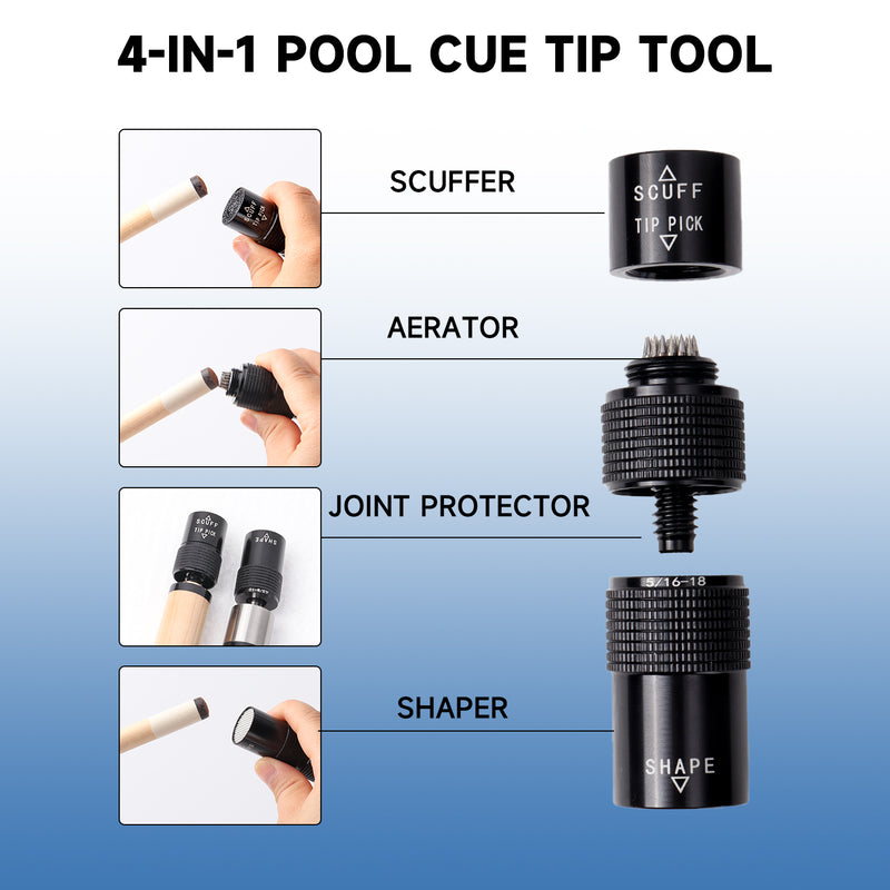 4-in-1 Pool Cue Tip Tool Billiard Accessory with Joint Protectors