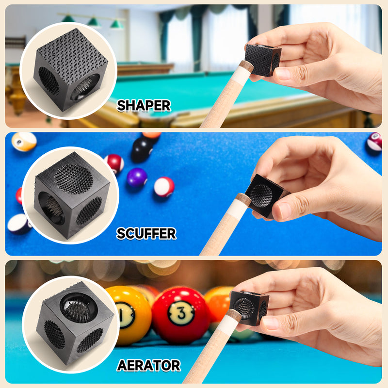 5-in-1 Pool Cue Tip Tool Cube, Billiard Cue Tip Repair Tool Scuffer/Shaper/Aerator (Black/Blue)