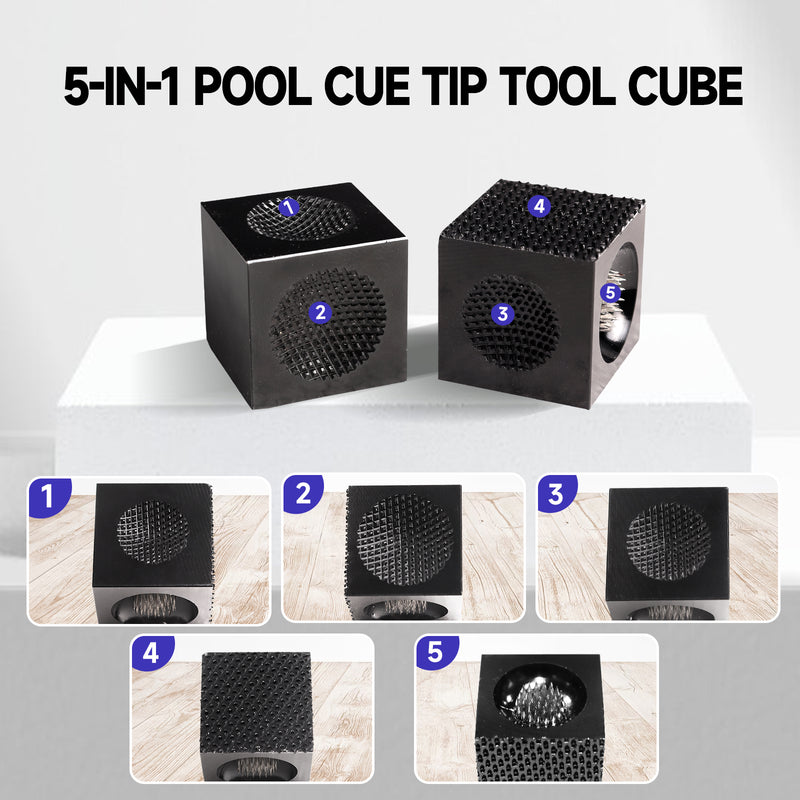 5-in-1 Pool Cue Tip Tool Cube, Billiard Cue Tip Repair Tool Scuffer/Shaper/Aerator (Black/Blue)