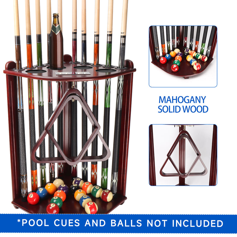 Pool Cue Corner Rack with Metal Hook Holds Score Counters,10 Cue Sticks,2 Ball Racks,16 Pool Ball (5 Colors)