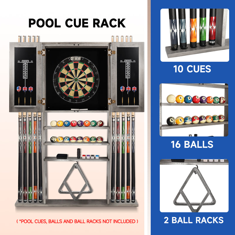10 Billiard Pool Cue Wall Mounted Rack & Dart Board Cabinet Combination (3 Colors Available)