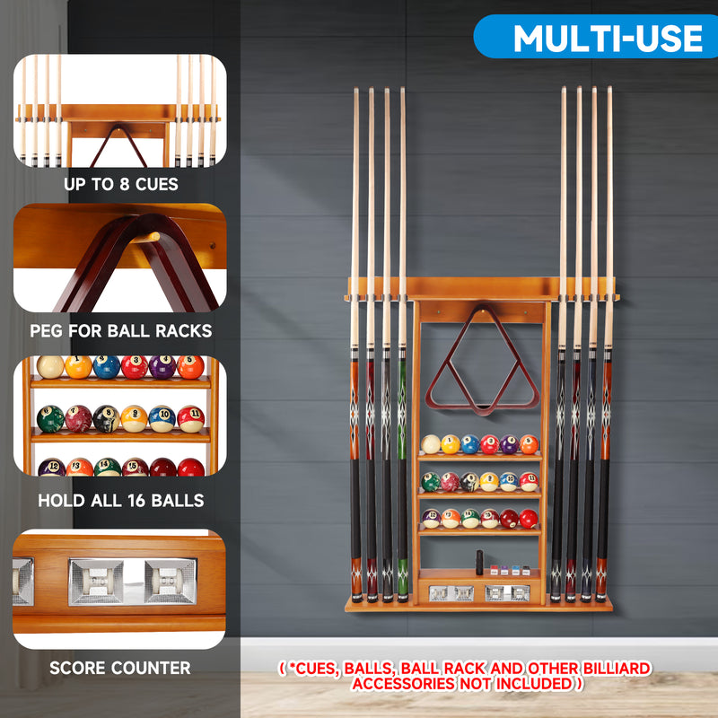 8 Wall Pool Cue Rack with Score Counter and Metal Hook, Billiard Pool Cue Rack Only (4 Colors)