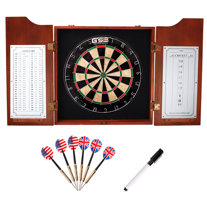 Dartboard Cabinet with Sisal/Bristle Dartboard, Dart Scoreboard, and 6 Steel Tip Darts(Mahogany/Black)